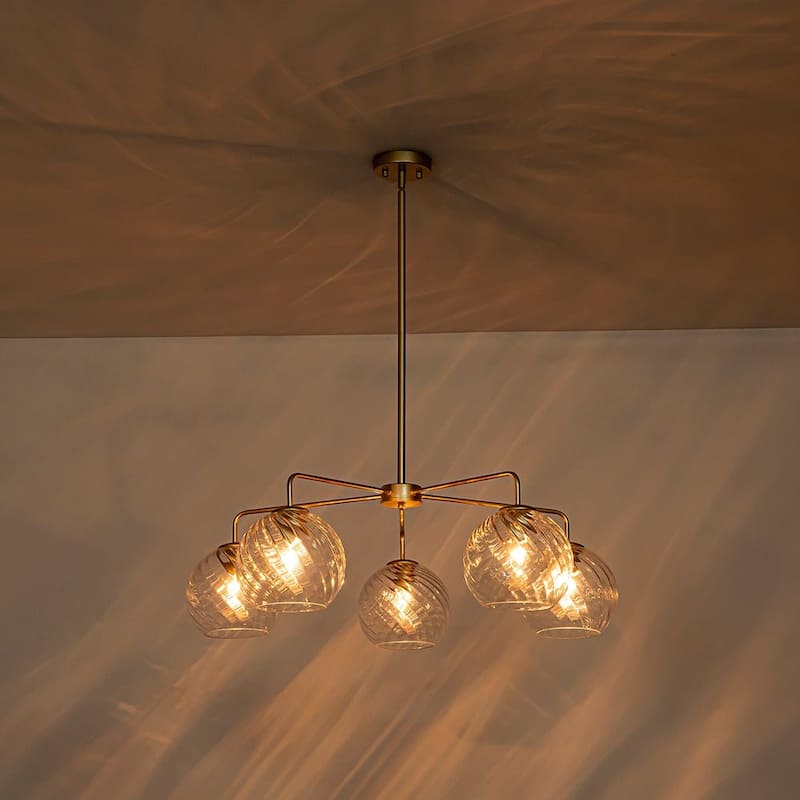 5-Light Blue Swirled Glass Globe Bubble Round Chandelier 35in