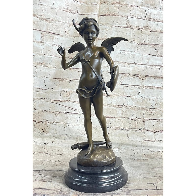 Signed Bronze Statue Cupid Cherub Sculpture On Marble Base Art Deco Sale