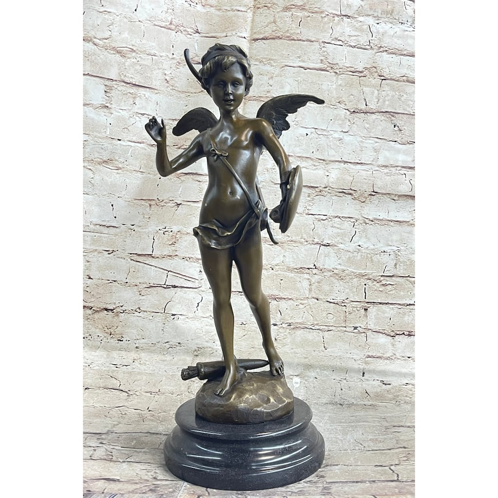 Signed Bronze Statue Cupid Cherub Sculpture On Marble Base Art Deco Sale