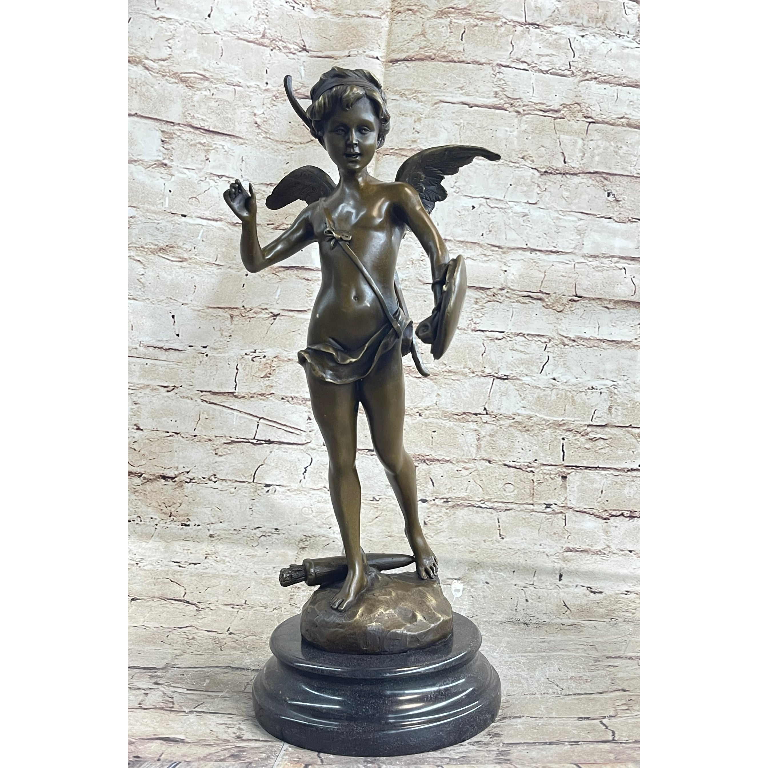 Signed Bronze Statue Cupid Cherub Sculpture On Marble Base Art Deco Sale