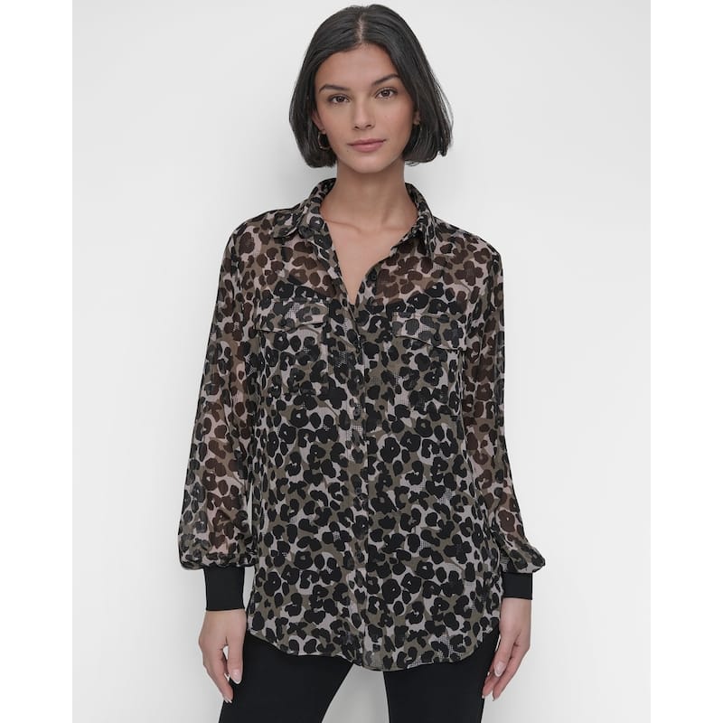 DKNY Lepard Chiffon Button-Down Blouse
