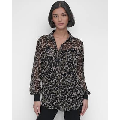 DKNY Lepard Chiffon Button-Down Blouse