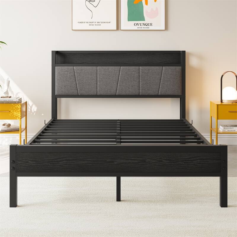 Full Size Bed Frame, Storage Headboard with Charging Station