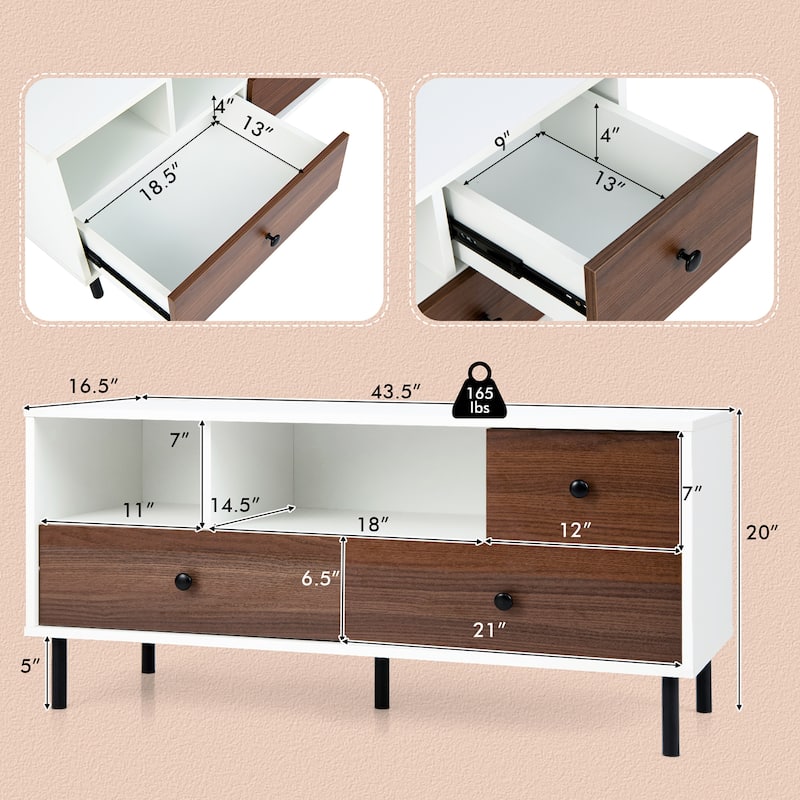 Costway Mid-Century TV Stand Media Entertainment Center Console w/2 - 43.5'' x 16.5'' x 20'' (L x W x H)