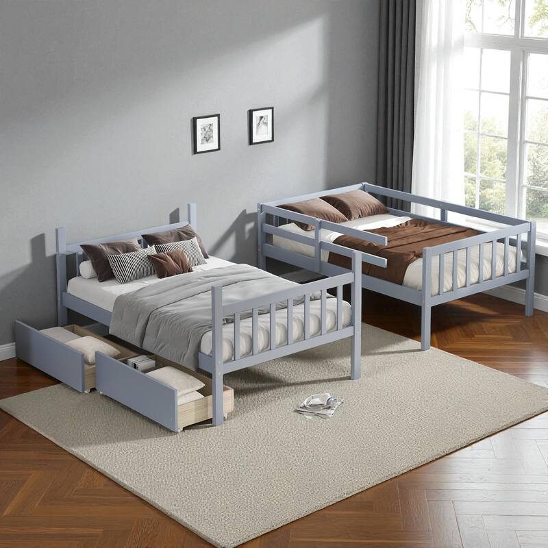 Twin Over Twin Rubber Wood Bunk Bed with 2 Drawers, Convertible into 2 Twin Beds, Ladder and Safety Guardrails