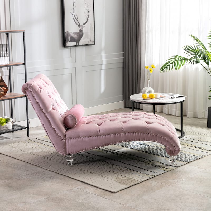 Pink Modern 63.98" Upholstered Buttons Tufted Chaise Lounge Chair with Pillow and Acrylic Legs