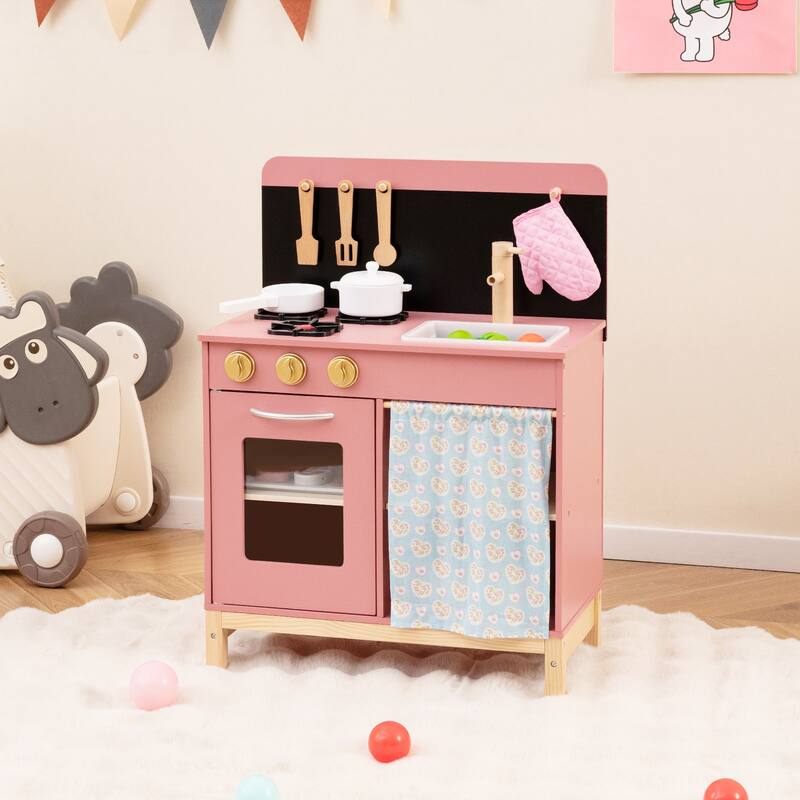 Gymax Play Kitchen for Kids w/ Door Curtain Stoves Sink & Oven