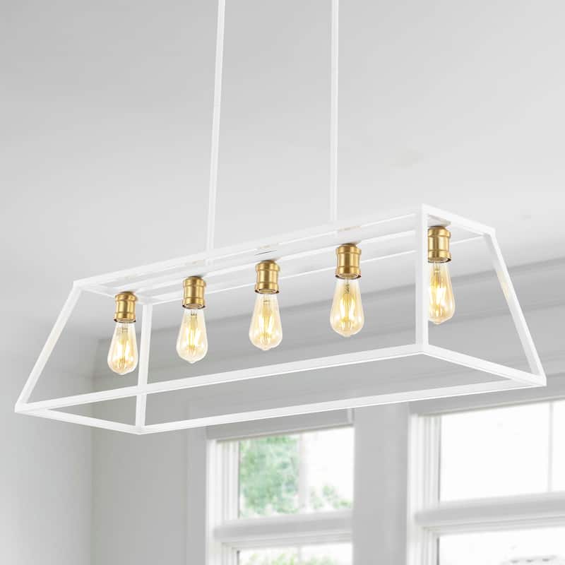 Staunton 38" 5-Light Adjustable Iron Farmhouse Vintage LED Dimmable Pendant, by JONATHAN Y - White