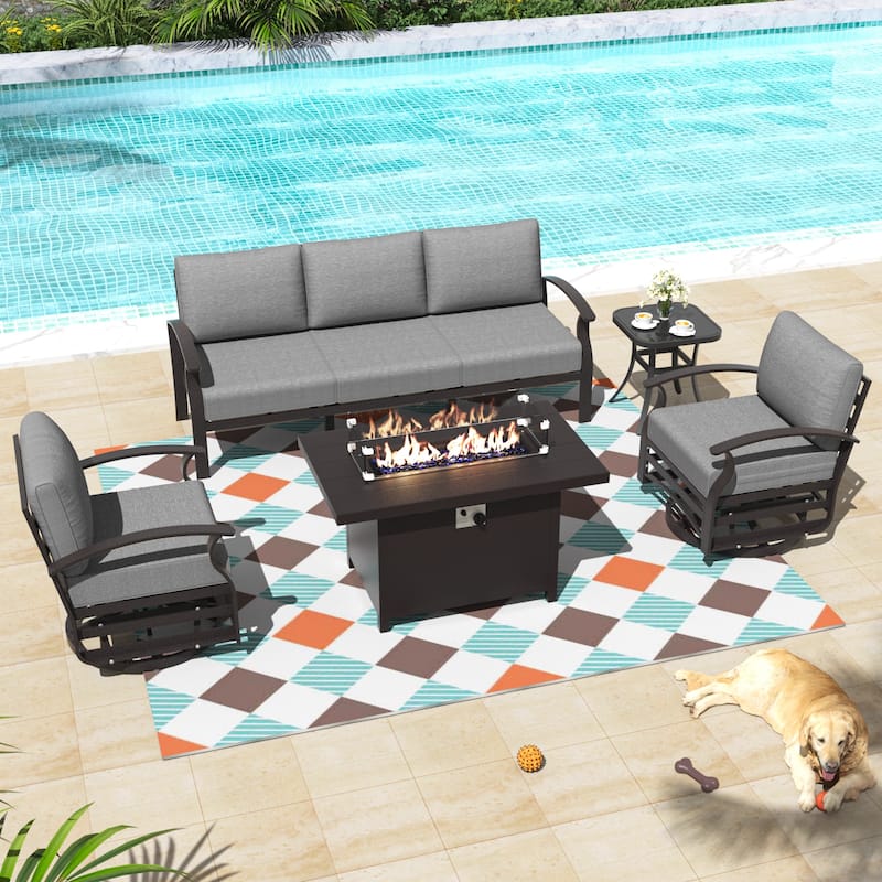 Aluminum Patio Outdoor Sectional Sofa Set with Fire Pit, Swivel Rocking Chairs and Ottomans - 5-Seats w/Swivel - Grey