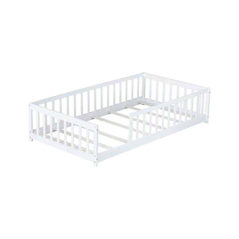 Roomfitters Twin Rubber Wood Floor Bed with Fence, Safety Guardrails, Low Profile Platform Design
