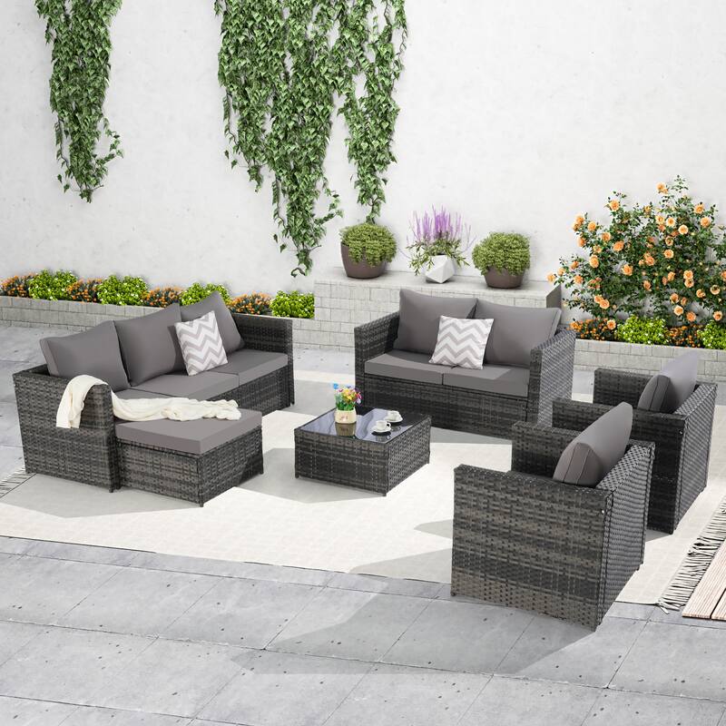 6-Piece Rattan Sectional Sofa Set with Glass Table & Armchairs