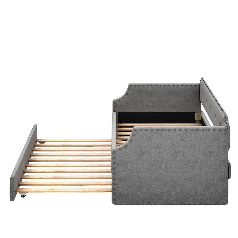 Twin Upholstered Daybed with Trundle and Nailhead Trim, Wood Slat Support