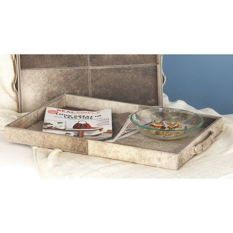 Gray Wooden Handmade Cowhide Living Room Decor Tray with Slot Handles (Set of 2) - 24 x 16 x 2 - 24 x 16 x 2 - Grey