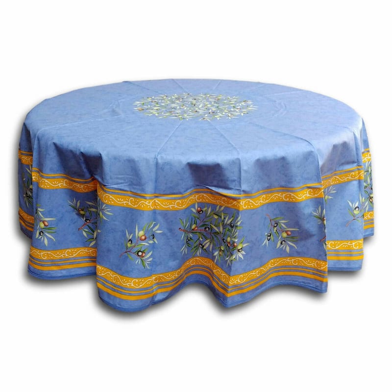 Wipeable Spill Resistant Provencal Cotton Cannes Collection Tablecloth - 71-in Round - Blue Olives