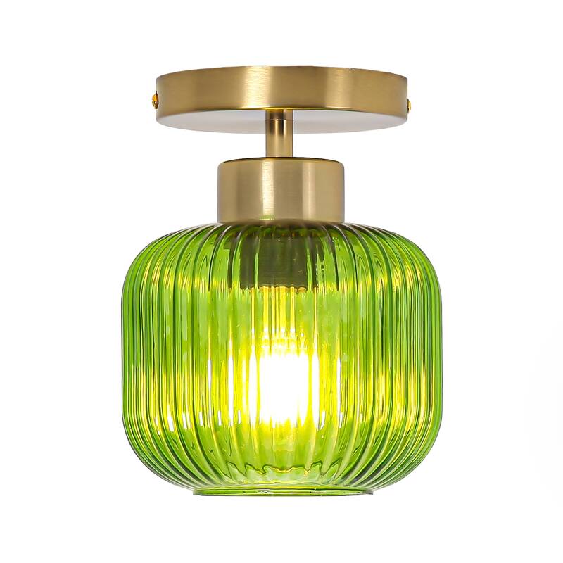5.9" Wide Vintage Gold Semi Ceiling Light Flush Mount with Green Glass - D 5.9" x H 7.7"