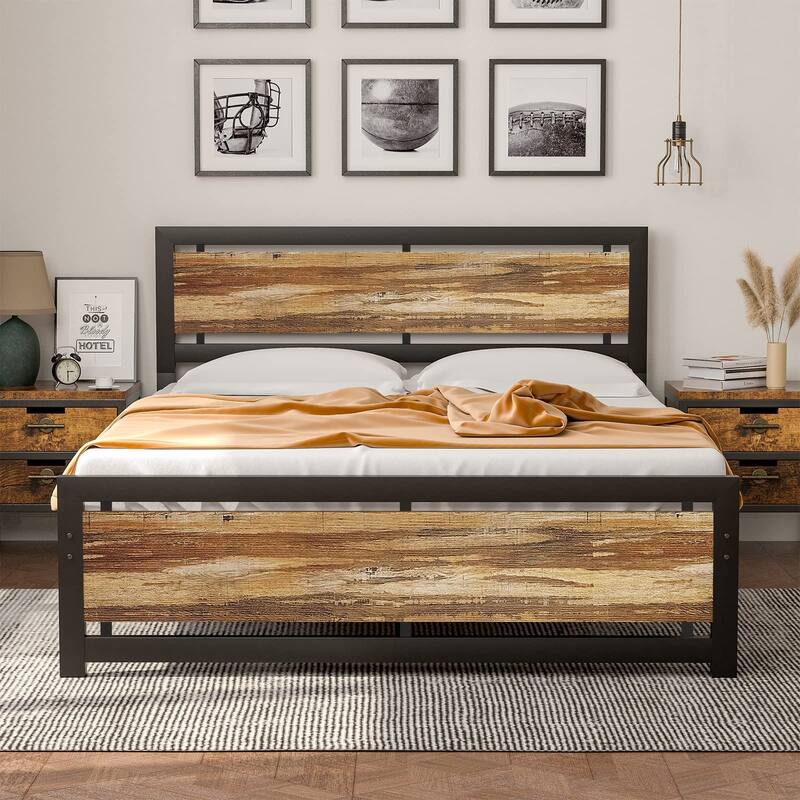 Bed Frame with Modern Wooden Headboard - Full