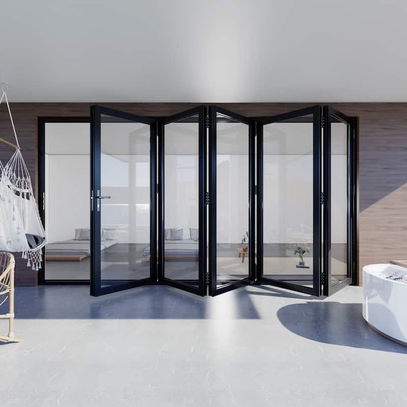 KaMic 168"×80" 5 Panels Aluminum Folding Door In Black,Folded Out From Left To Right Model #:FD5PBK16880-LR