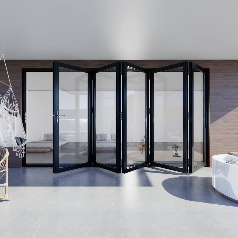 KaMic 168"×96" 5 Panels Aluminum Folding Door In Black,Folded Out From Left To Right Model #:FD5PBK16896-LR