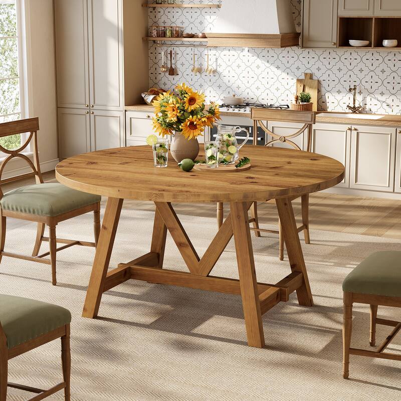 Solid Wood Dining Table, 63" Farmhouse Round Kitchen Table for Dining Room