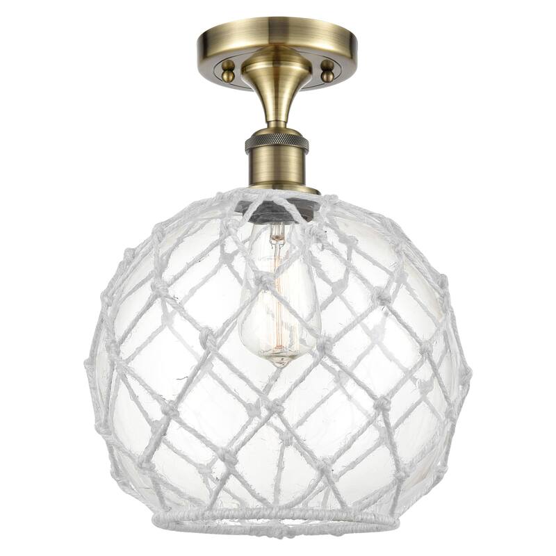 Innovations Lighting 516-1C-15-10 Farmhouse Rope Semi-Flush Farmhouse - Antique Brass / Clear Glass with White Rope