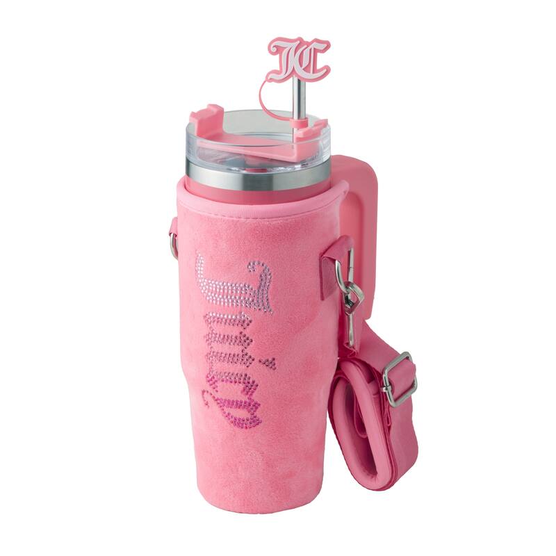 Juicy Couture Jetsetter Hydration Stainless Steel Tumbler with Handle, Straw & Topper with Velour Crossbody Pouch