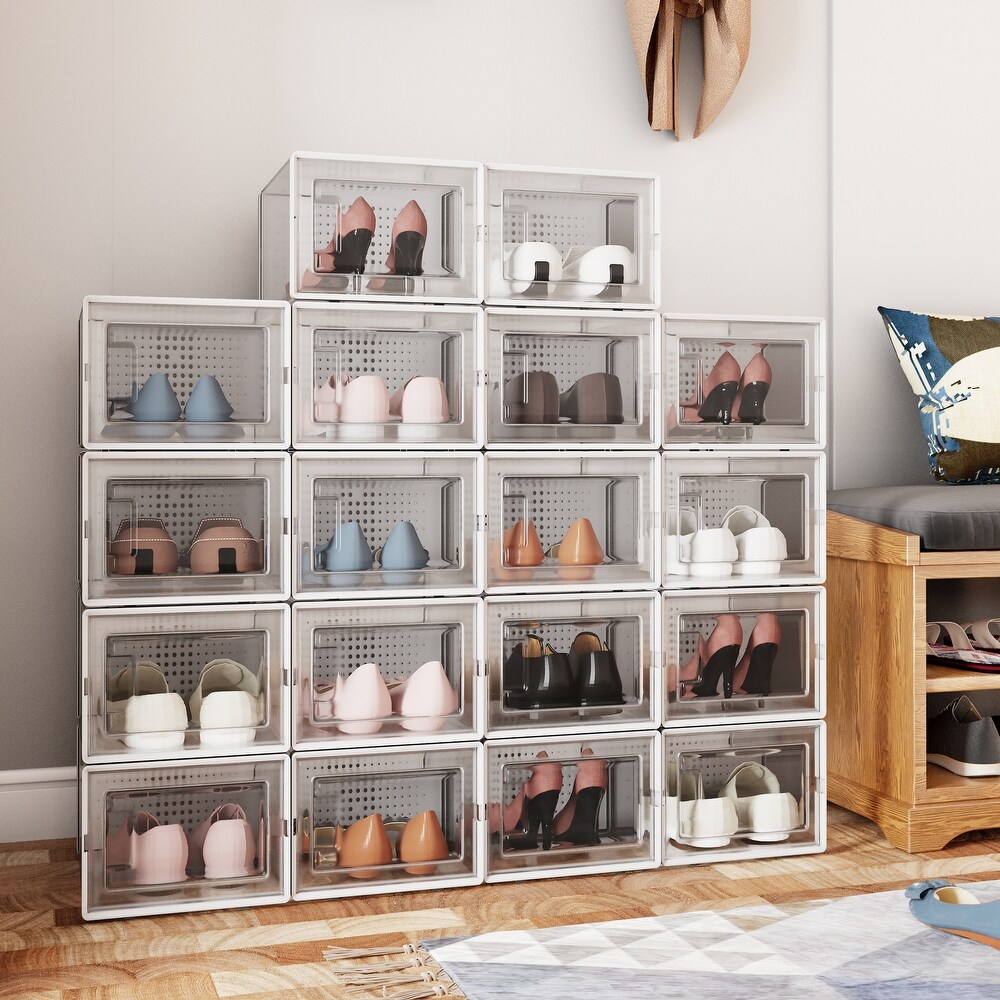 Ideal Footwear Storage and Shoe Organiser Unit Grey Large Fabric Shoe Box with Lid and Transparent Vinyl Window mDesign Set of 4 Shoe Storage Box 