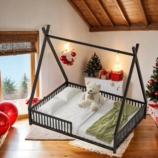 Kid Bed Frame House-Shaped Metal Full Platform Bed with Triangle Structure and Guardrail