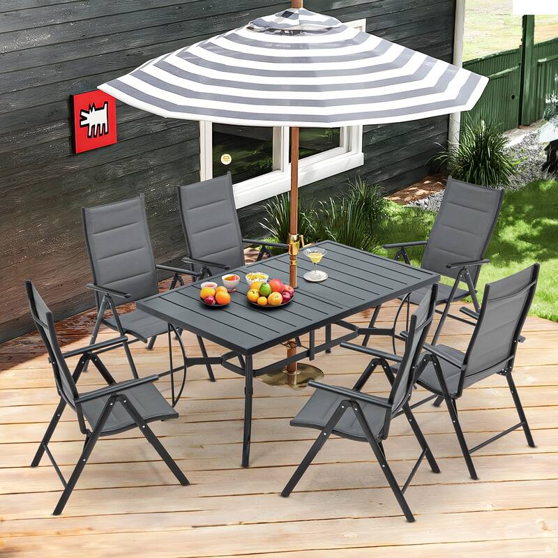 EROMMY 7 Piece Patio Dining Set with Folding Lounge Chairs and Aluminum Table, Outdoor Furniture for Backyard, Deck, or Balcony.