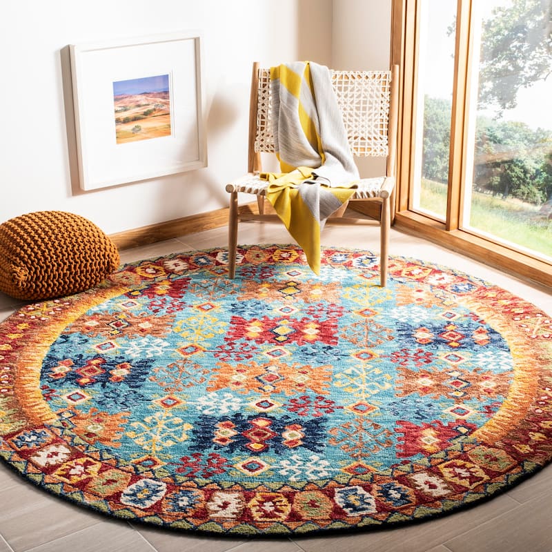 SAFAVIEH Handmade Aspen Nursal Boho Tribal Wool Rug - 3' Round - Blue/Red