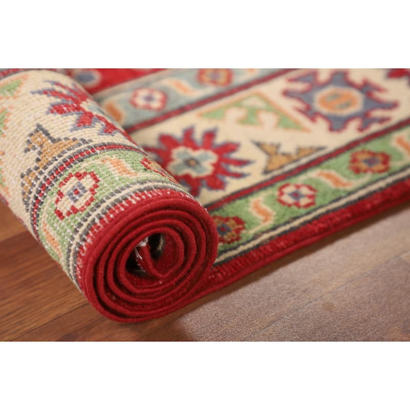 Geometric Kazak Foyer Rug Hand-Knotted Oriental Red Wool Carpet - 2'7" x 4'2"