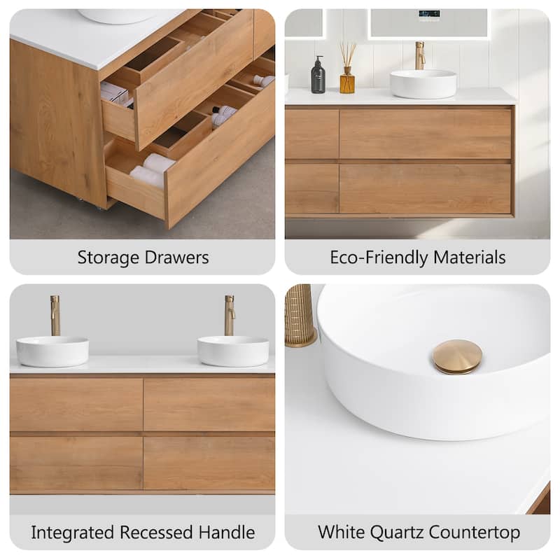 Sylphar 72 inch Toffee Oak Floating Bathroom Vanity with White Quartz Top
