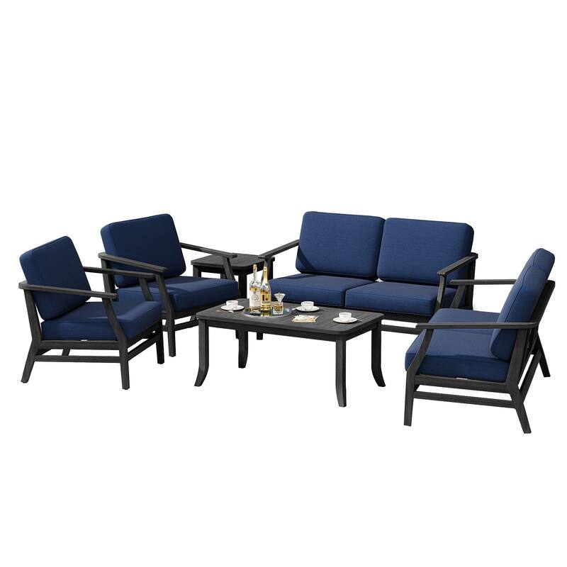 Teak Outdoor Patio Conversation Set with Cushions and Tables (6-Piece)