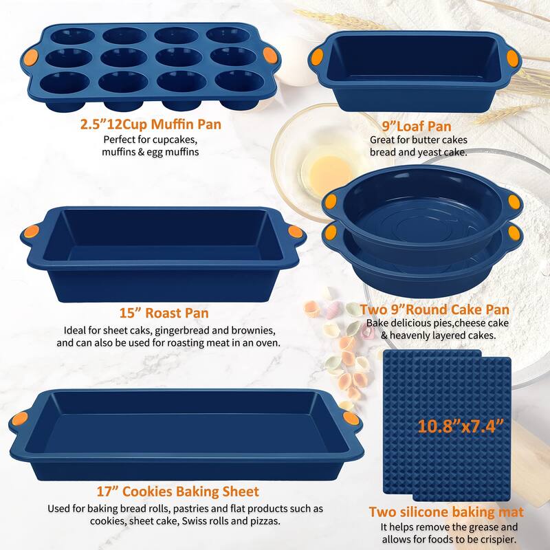 8 in 1 Silicone Baking Set - 6 Silicone Molds - 2 Silicone Baking Mat, Nonstick Cookie Sheet, Cake Muffin Bread Pan