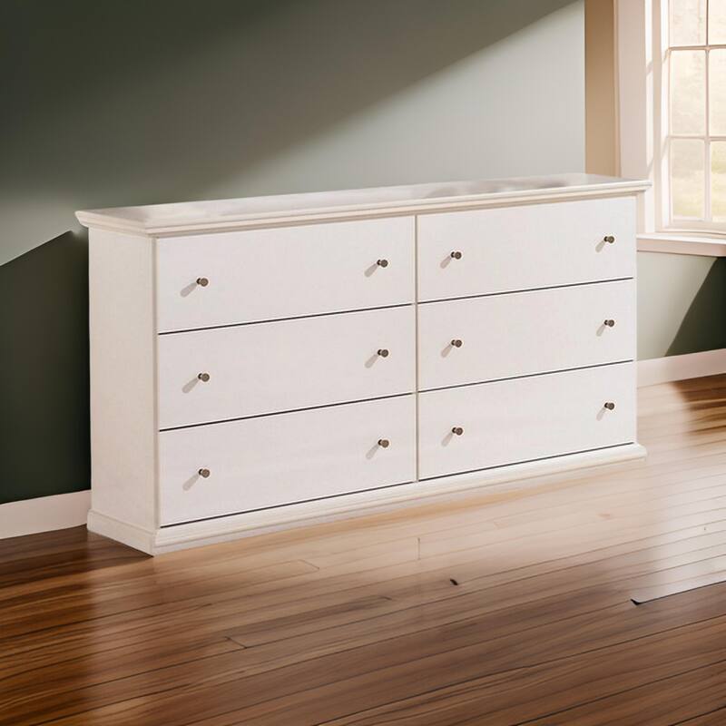 Vick 63 Inch Wide Dresser, 6 Drawers with Pewter Knobs, White Wood Finish