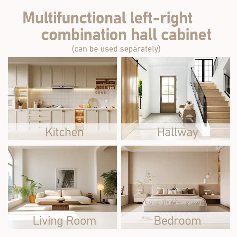 Modular Hall Cabinet & Hall Tree, Left-Right Set with 4 Hooks, L-Shape or Separate, Entryway Storage, 79.1 x 15.4 x 66.1 in
