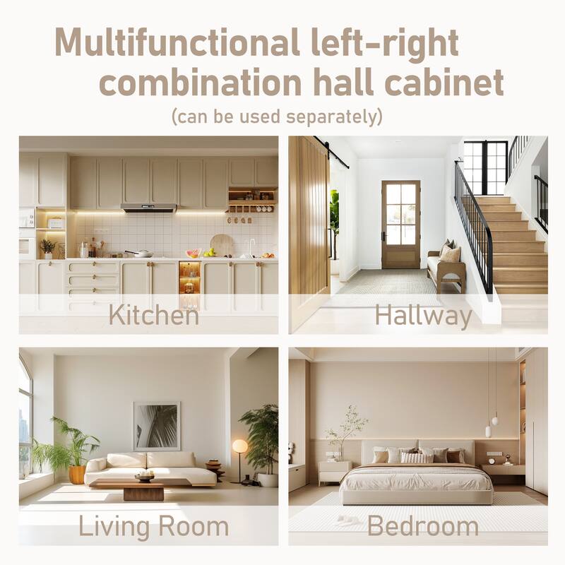 Multifunctional Left-Right Combination Hall Cabinet With Storage And 4 Hooks, Storage Cabinet/ Hall Tree 2 In 1