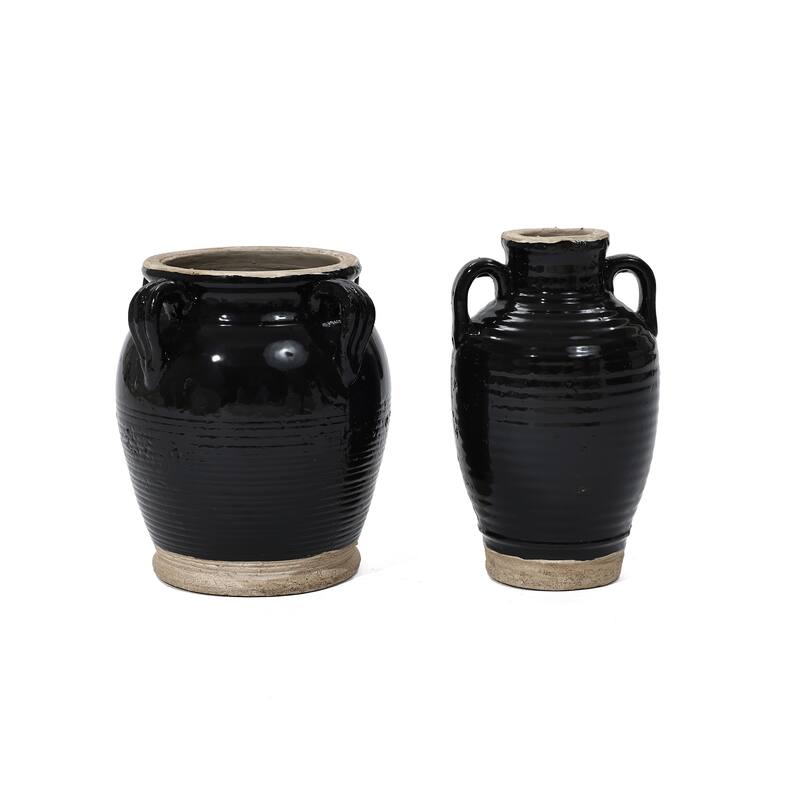 2-Piece Black Jug Terracotta Vase with Two Handles Set