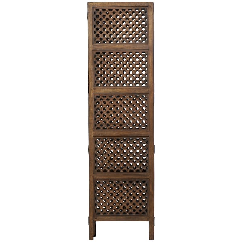 Wooden Floral Handmade Hinged Foldable 4 Panel Room Divider Screen with Intricately Carved Designs - Brown - Roche River Decor