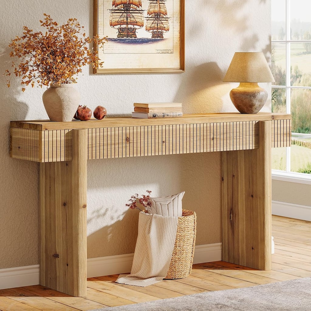 55 Inch Solid Wood Entryway Console Table with Grooves Detail