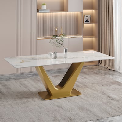 71'' Modern Rectangular Dining Table for 6, White Glossy Sintered Stone top with Gold Stainless Steel Legs