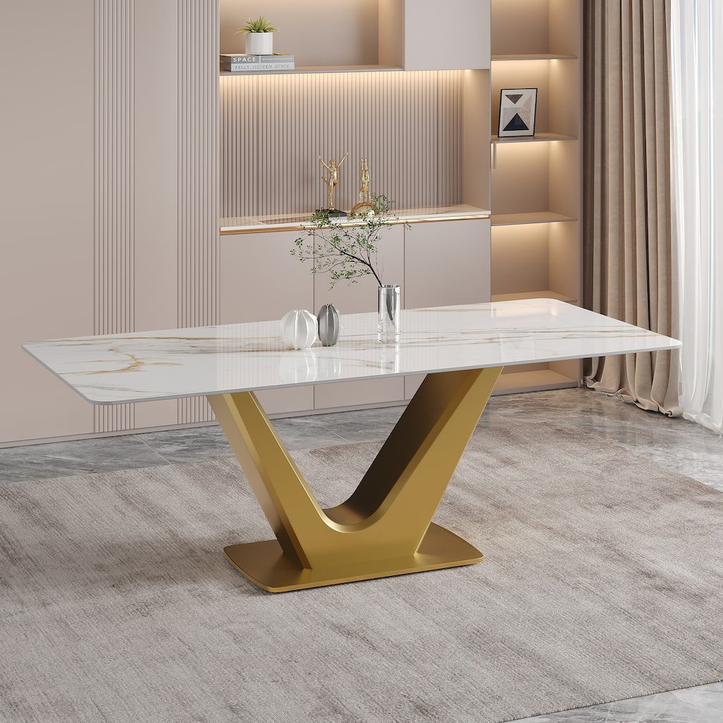 71'' Modern Rectangular Dining Table for 6, White Glossy Sintered Stone top with Gold Stainless Steel Legs