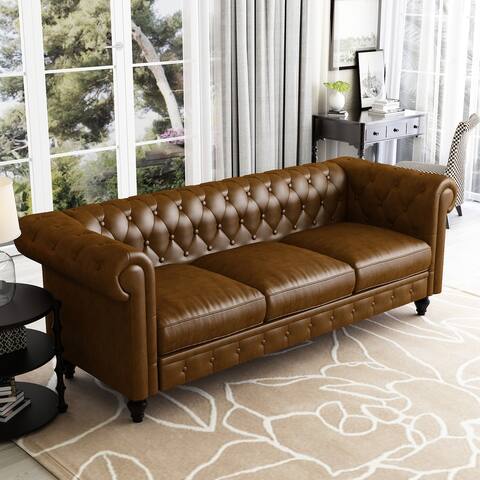 Chesterfield Style Living Room Flared Arms Tufted Back 3-Seat Sofa with Turned Legs, Low Backrest and Plush Upholstery