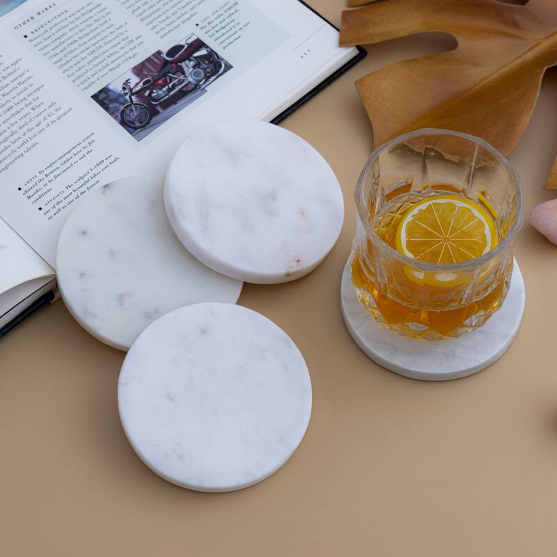 Set of 4 Marble Round Coasters - WHITE