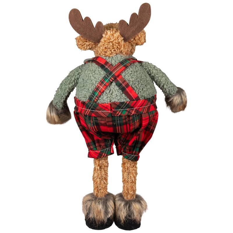 Standing Moose in Plaid Overall Shorts Christmas Figure - 12.5" - Brown and Red