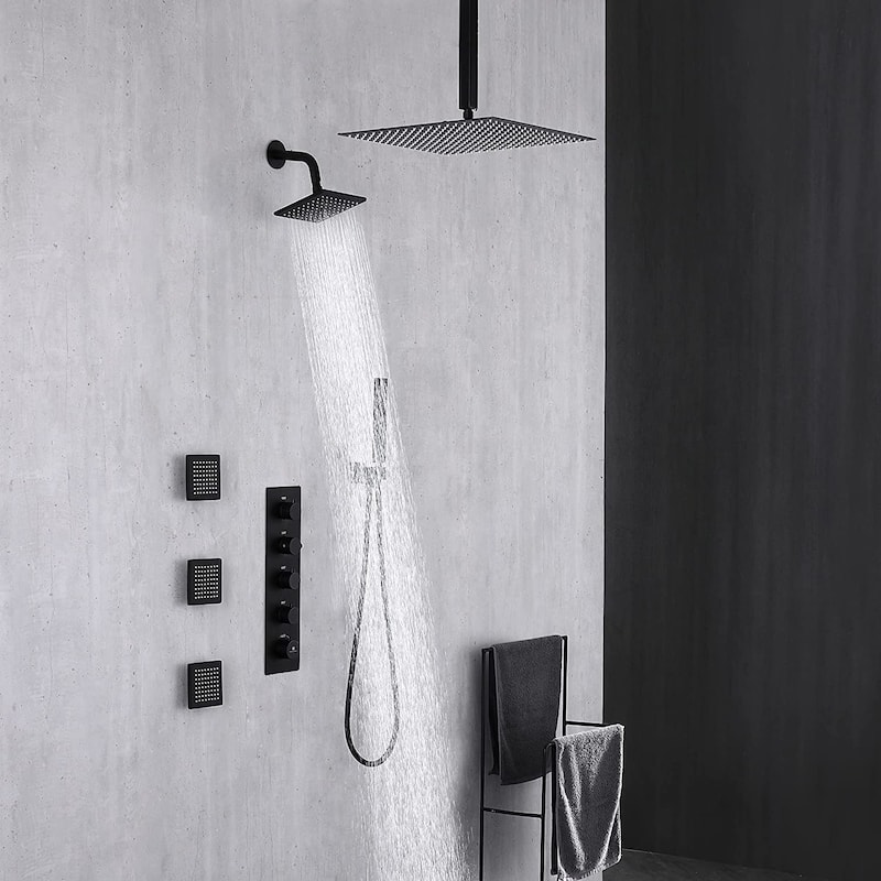 matte black dual shower heads 4 way thermostatic shower system with body jets - 7'6" x 10'9"