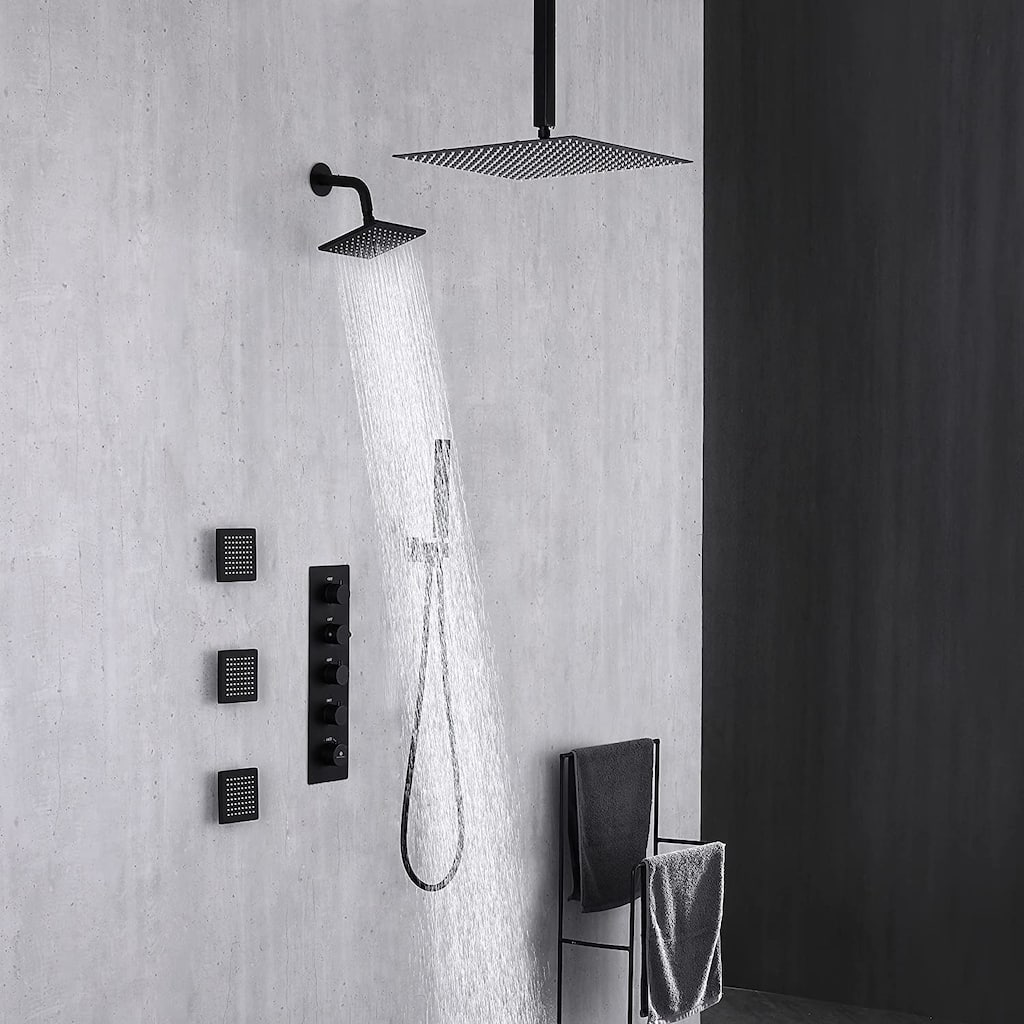 matte black dual shower heads 4 way thermostatic shower system with body jets - 7'6" x 10'9"