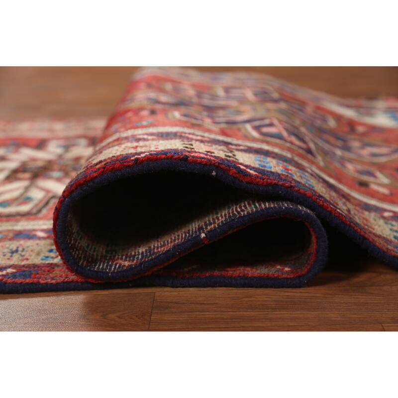 Hand Knotted Oriental 100% Wool Carpet Traditional Geometric Red Heriz Runner Rug - 9' 7'' X 3' 2''
