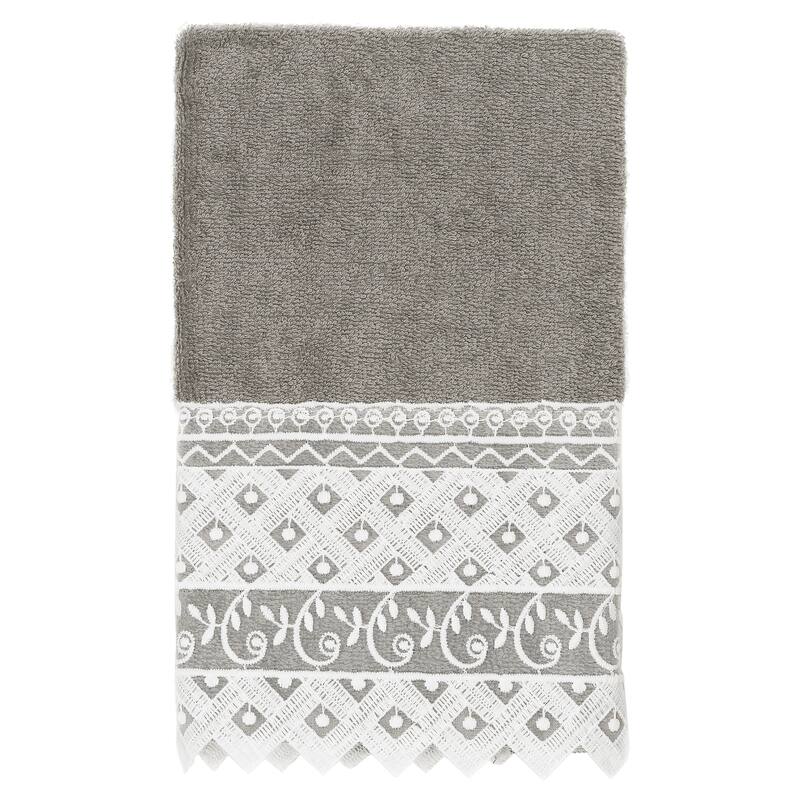 Authentic Hotel and Spa 100% Turkish Cotton Aiden White Lace Embellished Hand Towel - Dark Gray