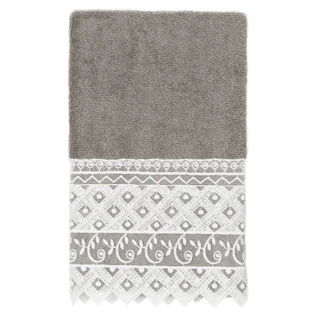 Authentic Hotel and Spa 100% Turkish Cotton Aiden White Lace Embellished Hand Towel - Dark Gray