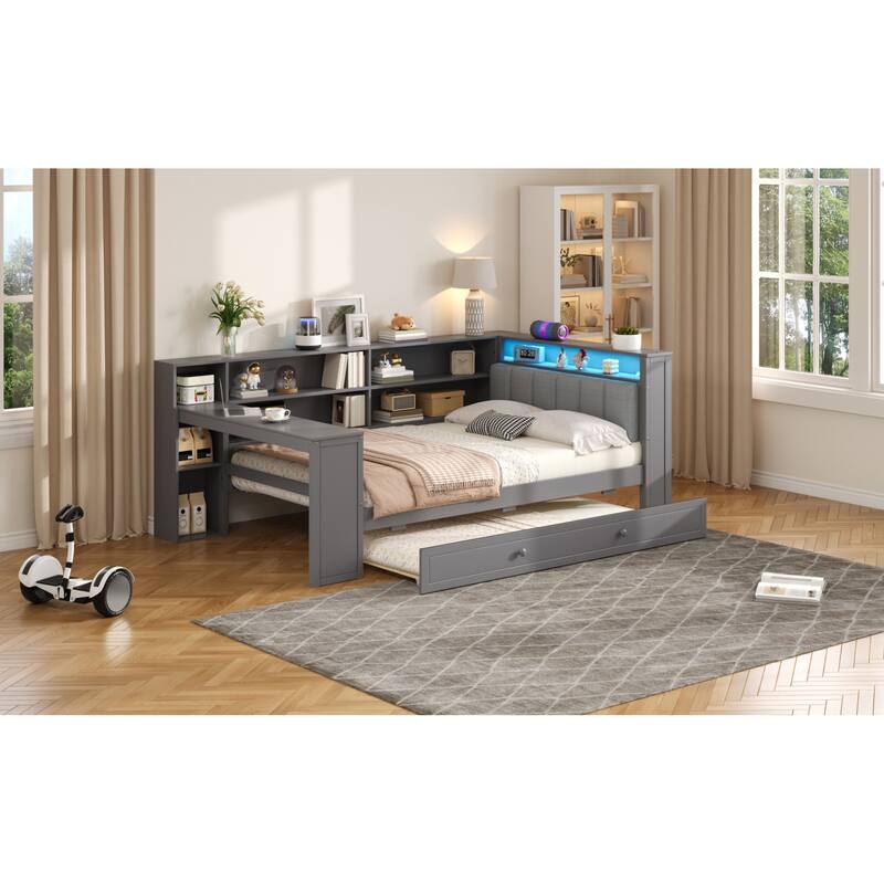 Roomfitters Twin/Full Platform Bed with Trundle, LED Headboard, Charging Station and Storage